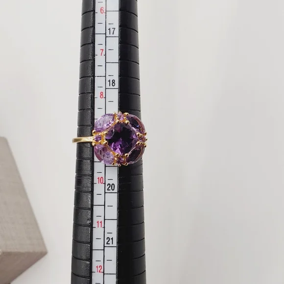 Genuine Amethyst Cluster RingYellow Gold Plated 925 Sterling Silver
